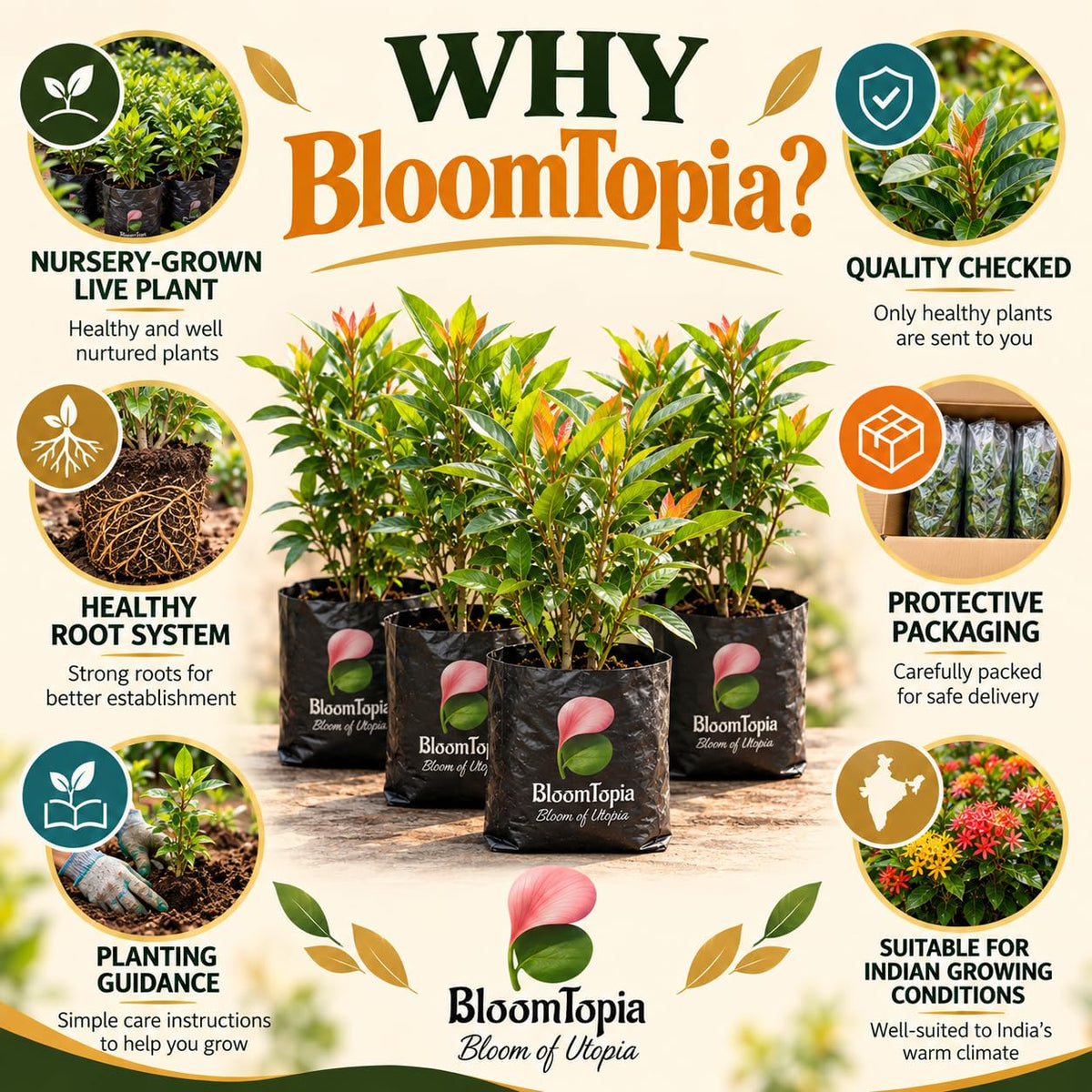 BloomTopia plant-handling and brand-information panel featuring Ixora Rangan Flowering.