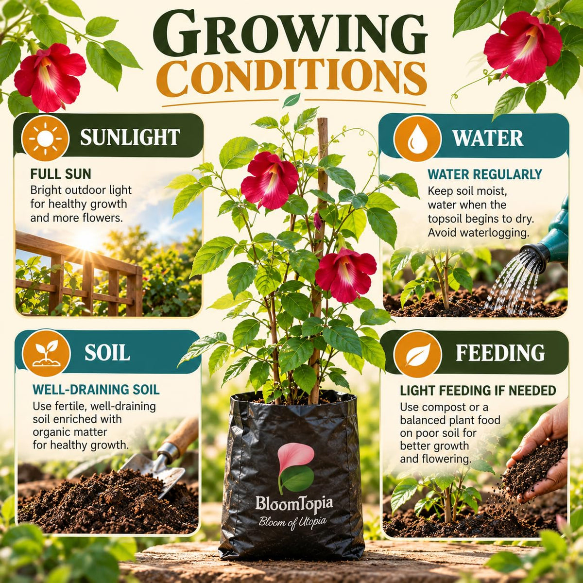 Sunlight, water, soil and feeding guide for Red Aparajita.
