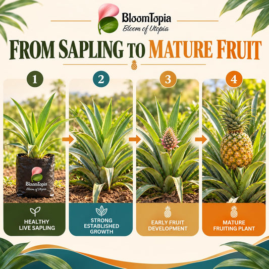 Illustrated growth stages for Pineapple (Ananas), from young plant to mature growth.