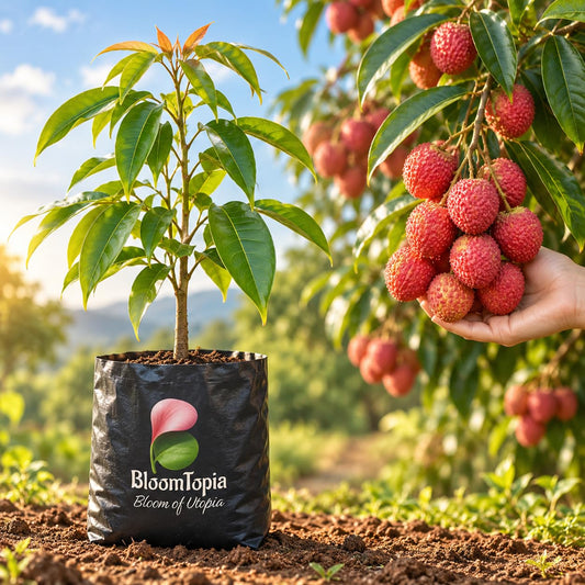 Illustration comparing young Bombay Litchi nursery growth with a mature plant.