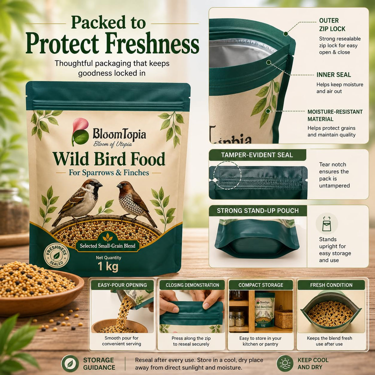 Front and back views of the bird food packaging.