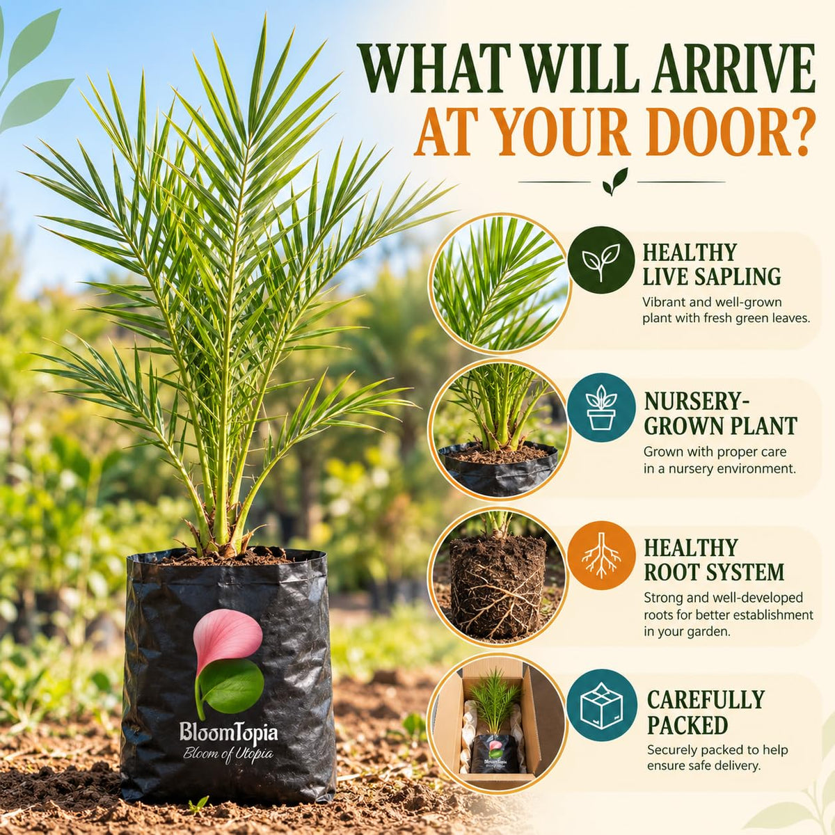 Illustrated plant, root close-ups and pack-presentation panel for Arabian Date Palm.