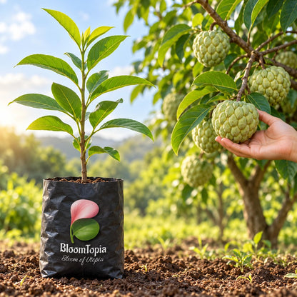 Illustration comparing young Thai Giant KG Sugar Apple Sitafal nursery growth with a mature plant.