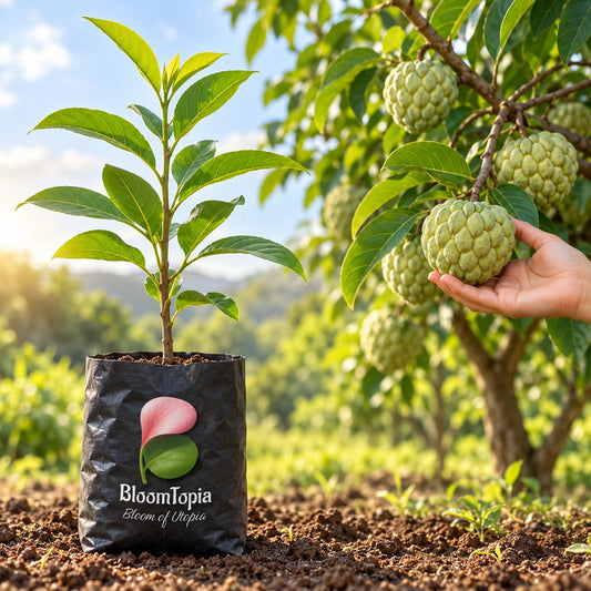 Illustration comparing young Thai Giant KG Sugar Apple Sitafal nursery growth with a mature plant.