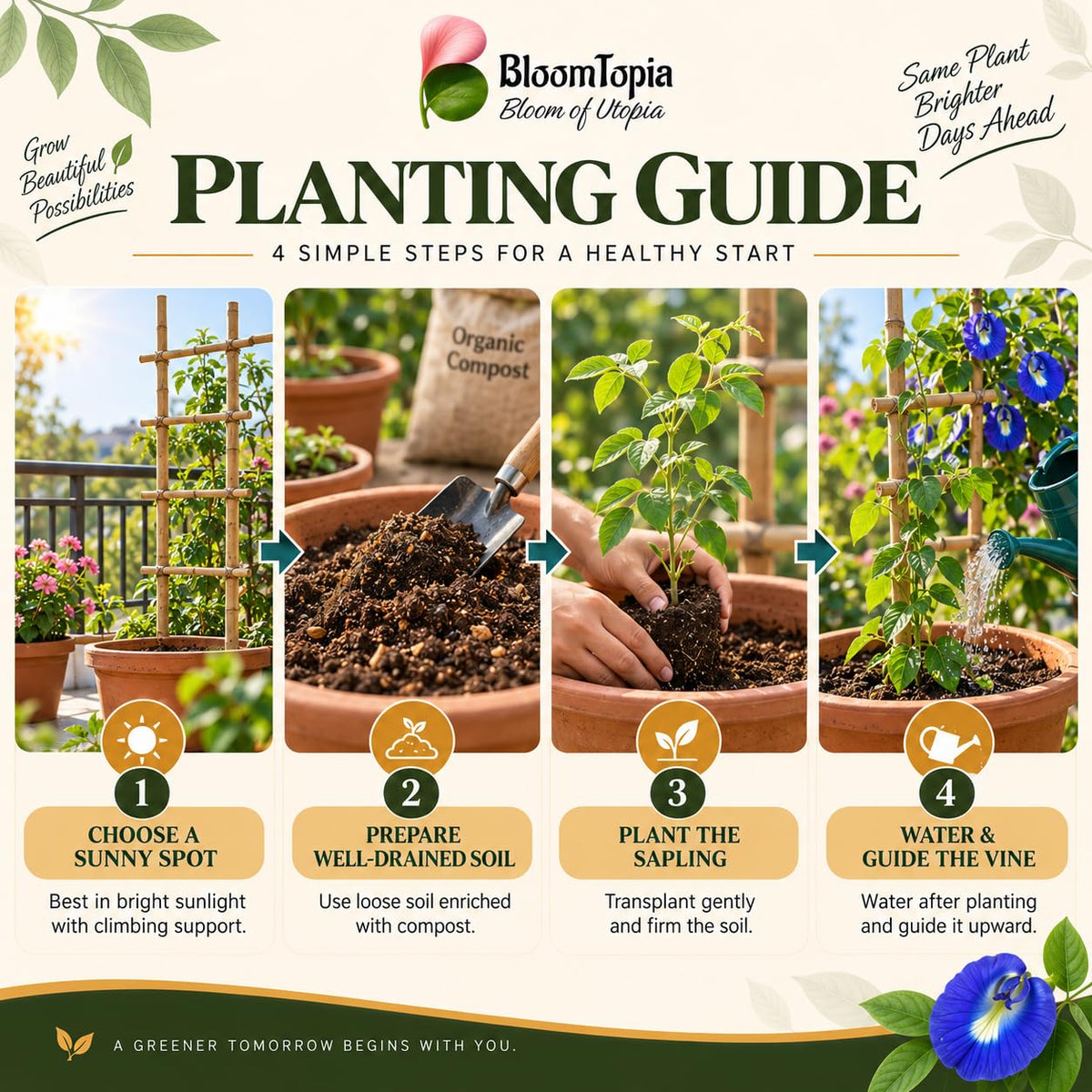 Step-by-step planting illustration for Blue Aparajita.
