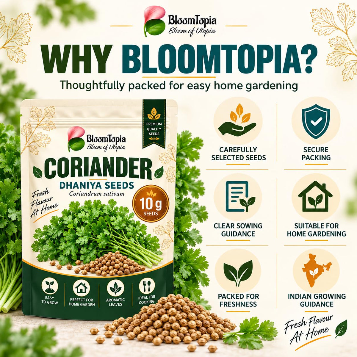 BloomTopia coriander seed-pack and brand-information panel.