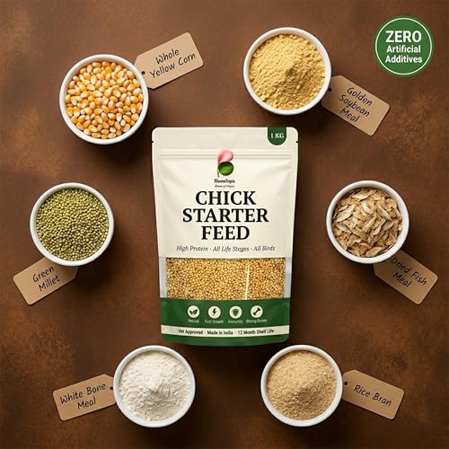 Poultry-feed package with ingredient illustrations.