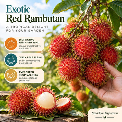 Illustration of mature Exotic Red Rambutan features with variety callouts.