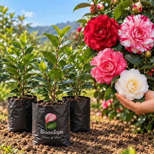 Illustration comparing young Camellia Japonica nursery growth with a mature plant.