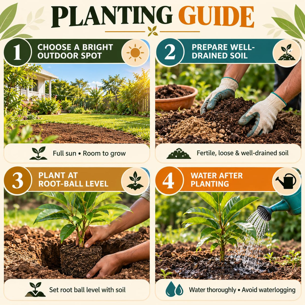 Step-by-step planting illustration for White Swarnachampa.