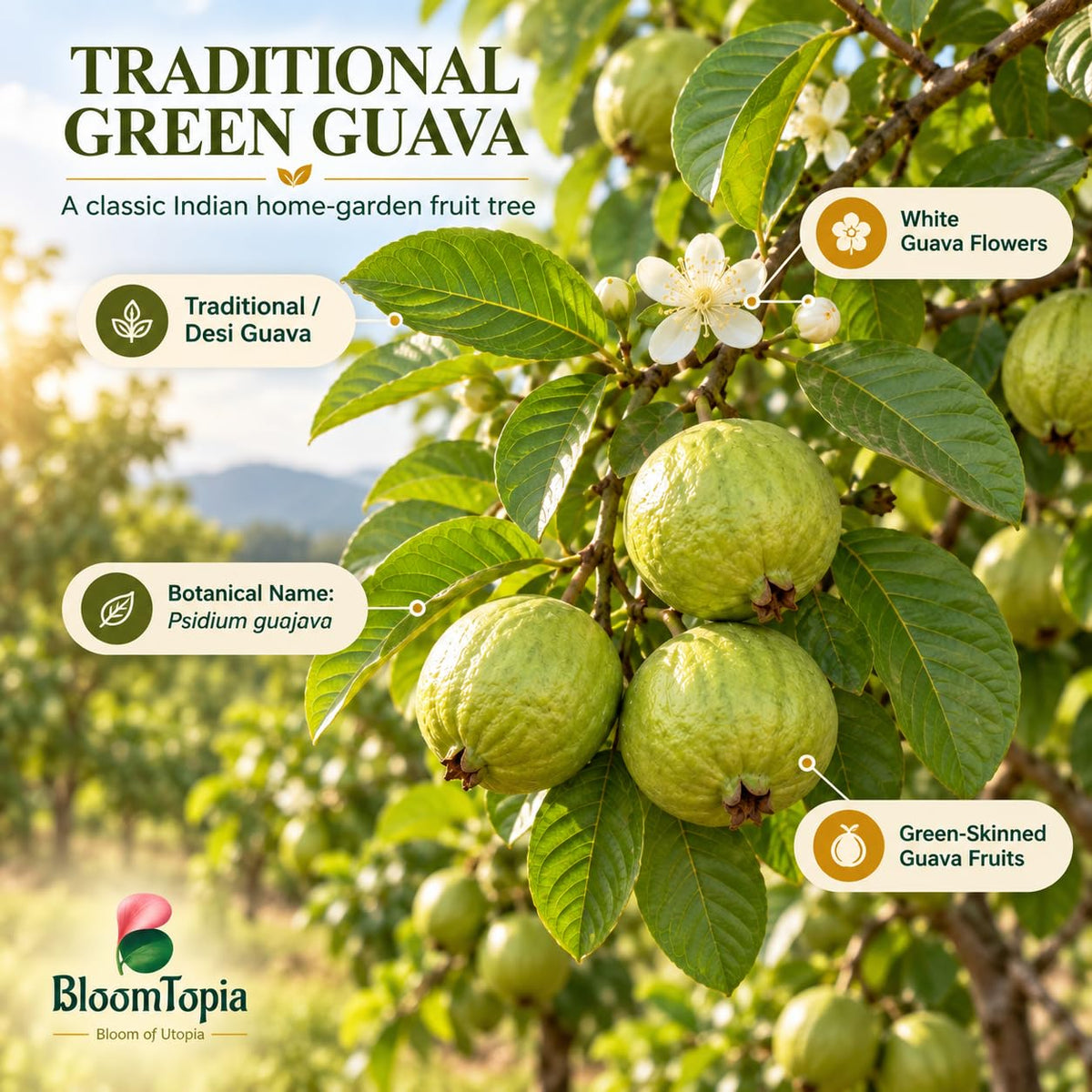 Illustration of mature Traditional Green Guava features with variety callouts.