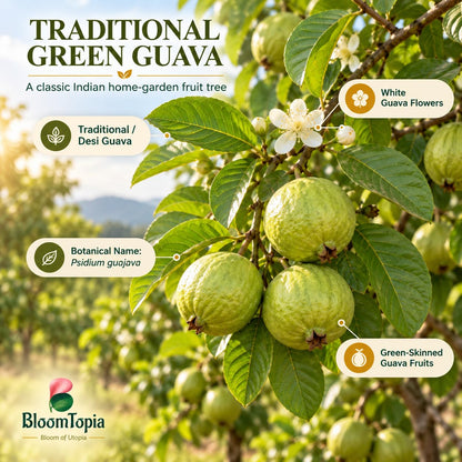 Illustration of mature Traditional Green Guava features with variety callouts.