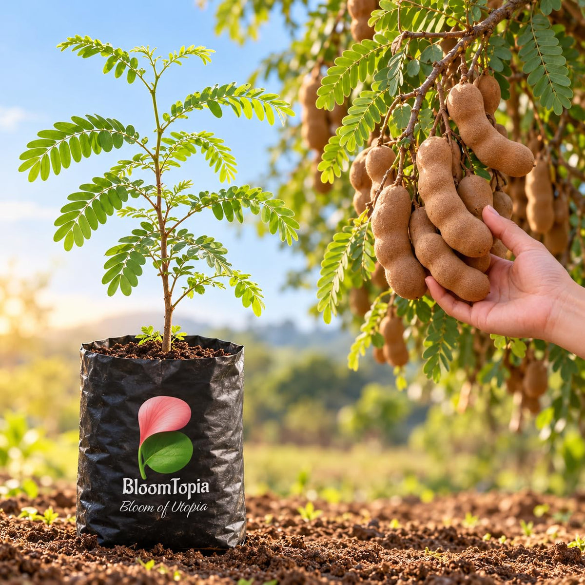 Illustration comparing young Tamarind (Imli/Tetul) nursery growth with a mature plant.