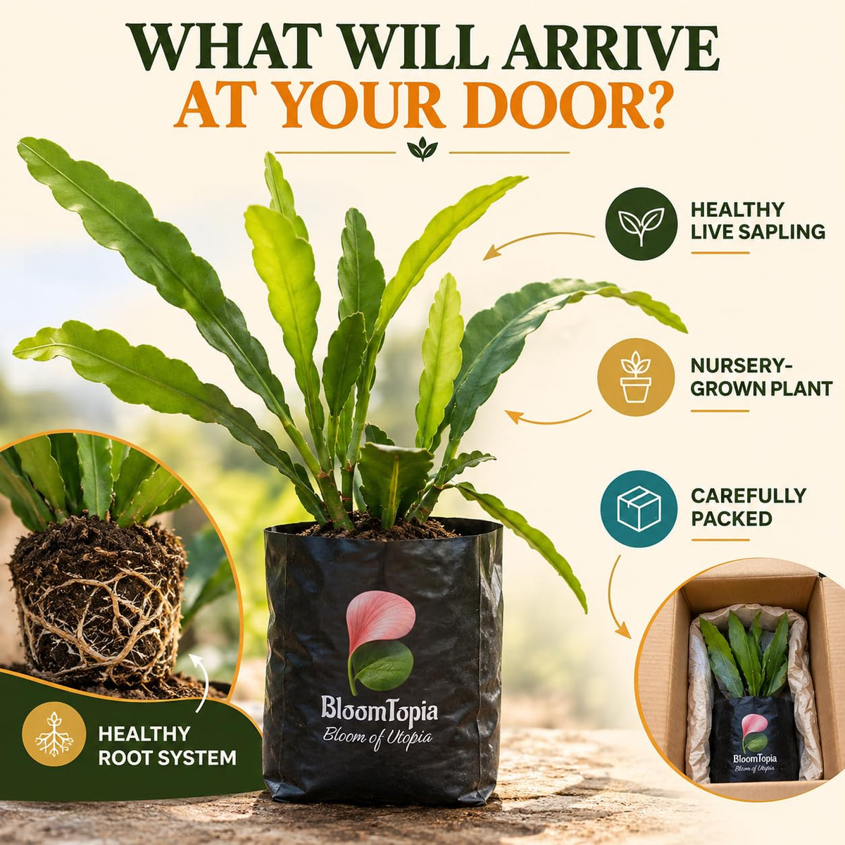 Illustrated plant, root close-ups and pack-presentation panel for White Brahma Kamal.