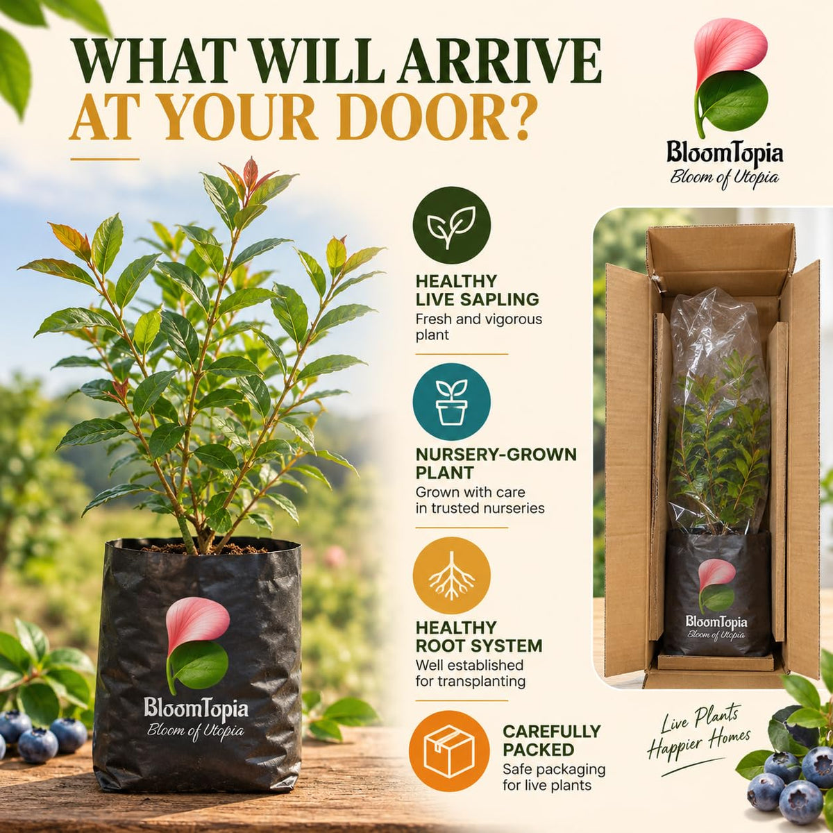 Illustrated plant, root close-ups and pack-presentation panel for Blueberry.