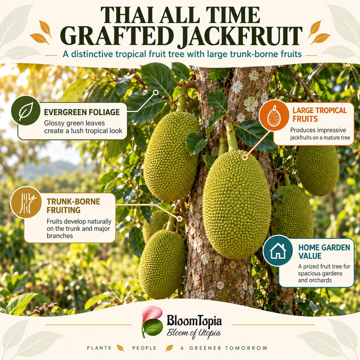 Illustration of mature Thai All Time Grafted Jackfruit features with variety callouts.