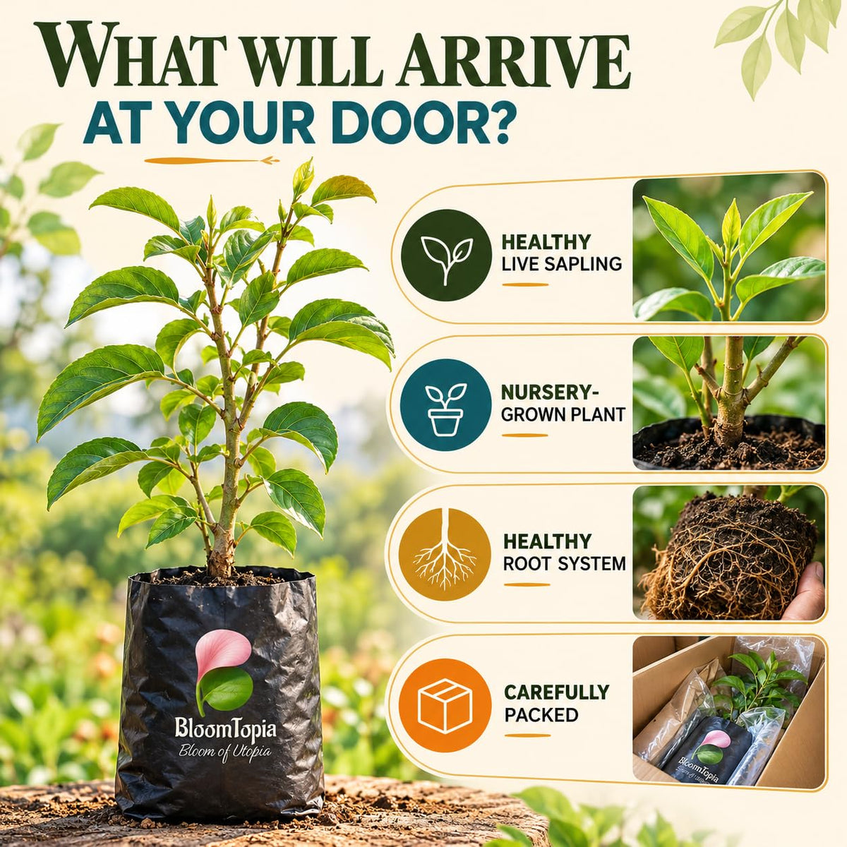Illustrated plant, root close-ups and pack-presentation panel for Nashpati Pear.