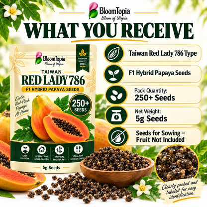 Papaya seed pack with seed-count and net-weight information.