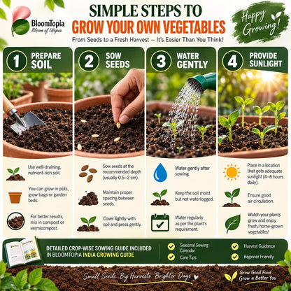 Vegetable seed sowing and watering steps.