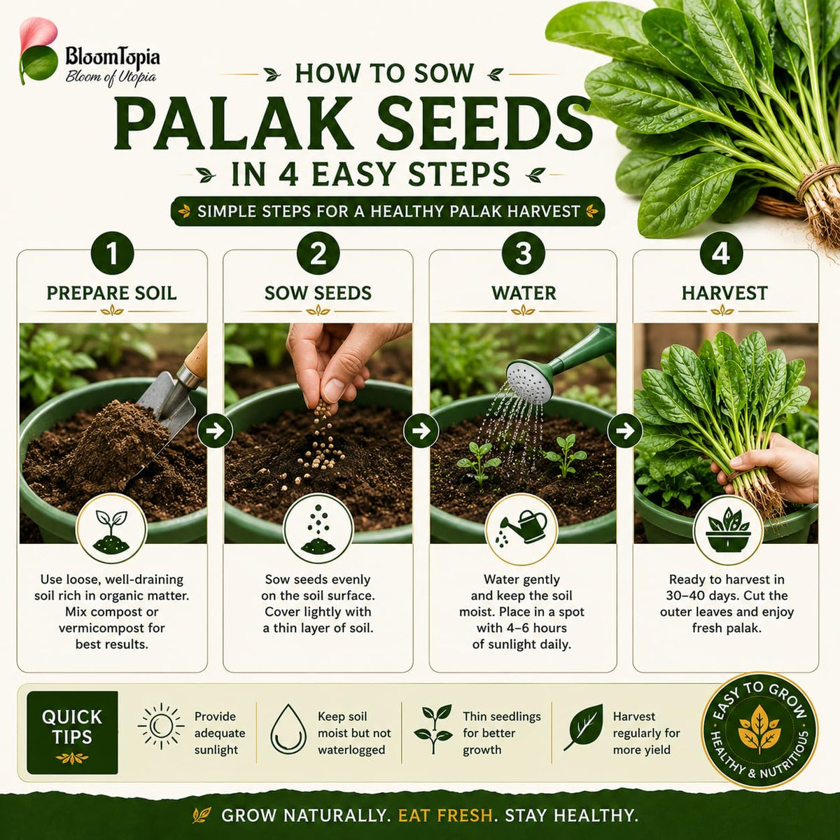 Four-step palak spinach seed sowing guide.
