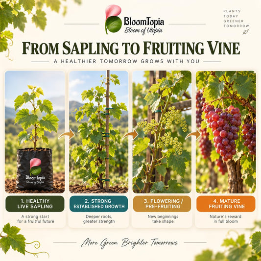 Illustrated growth stages for Red Grape Vine, from young plant to mature growth.