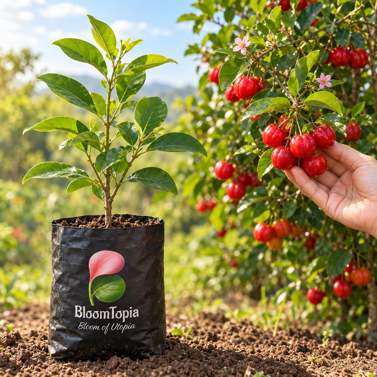 Illustration comparing young Barbados Cherry nursery growth with a mature plant.