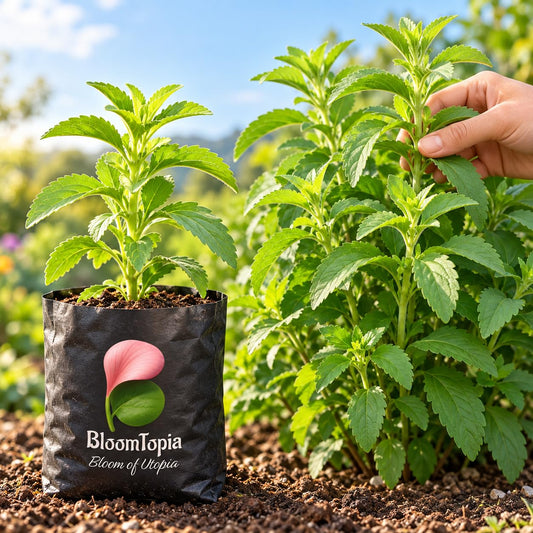Illustration comparing young Stevia nursery growth with a mature plant.