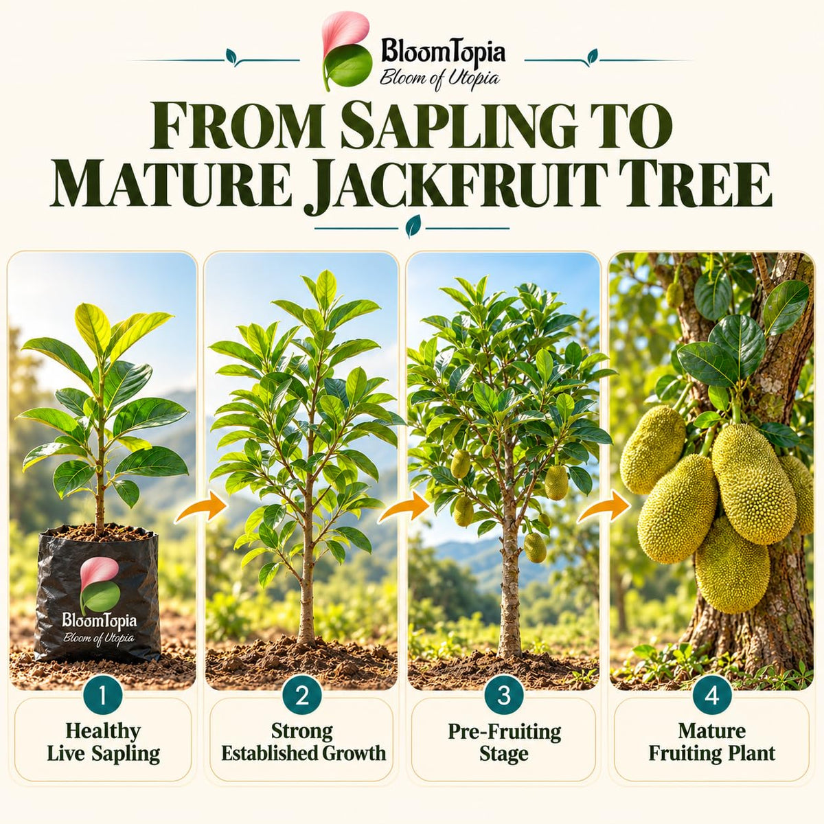 Illustrated growth stages for Thai All-Time Jackfruit, from young plant to mature growth.