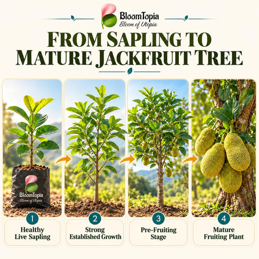 Illustrated growth stages for Thai All-Time Jackfruit, from young plant to mature growth.