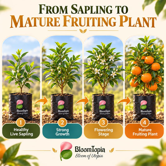 Illustrated growth stages for Mandarin Orange, from young plant to mature growth.