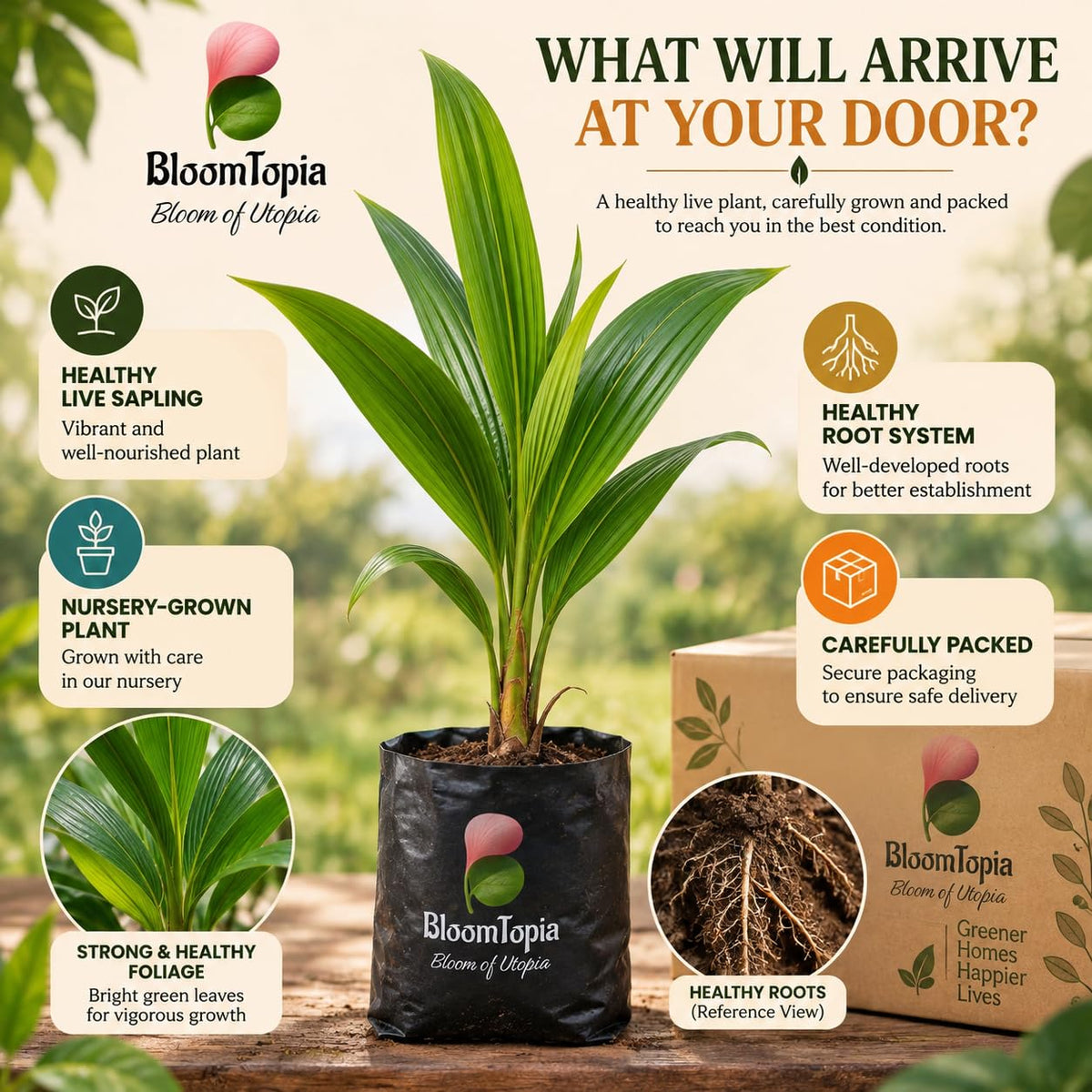 Vietnam dwarf coconut nursery plant and root packing illustration.