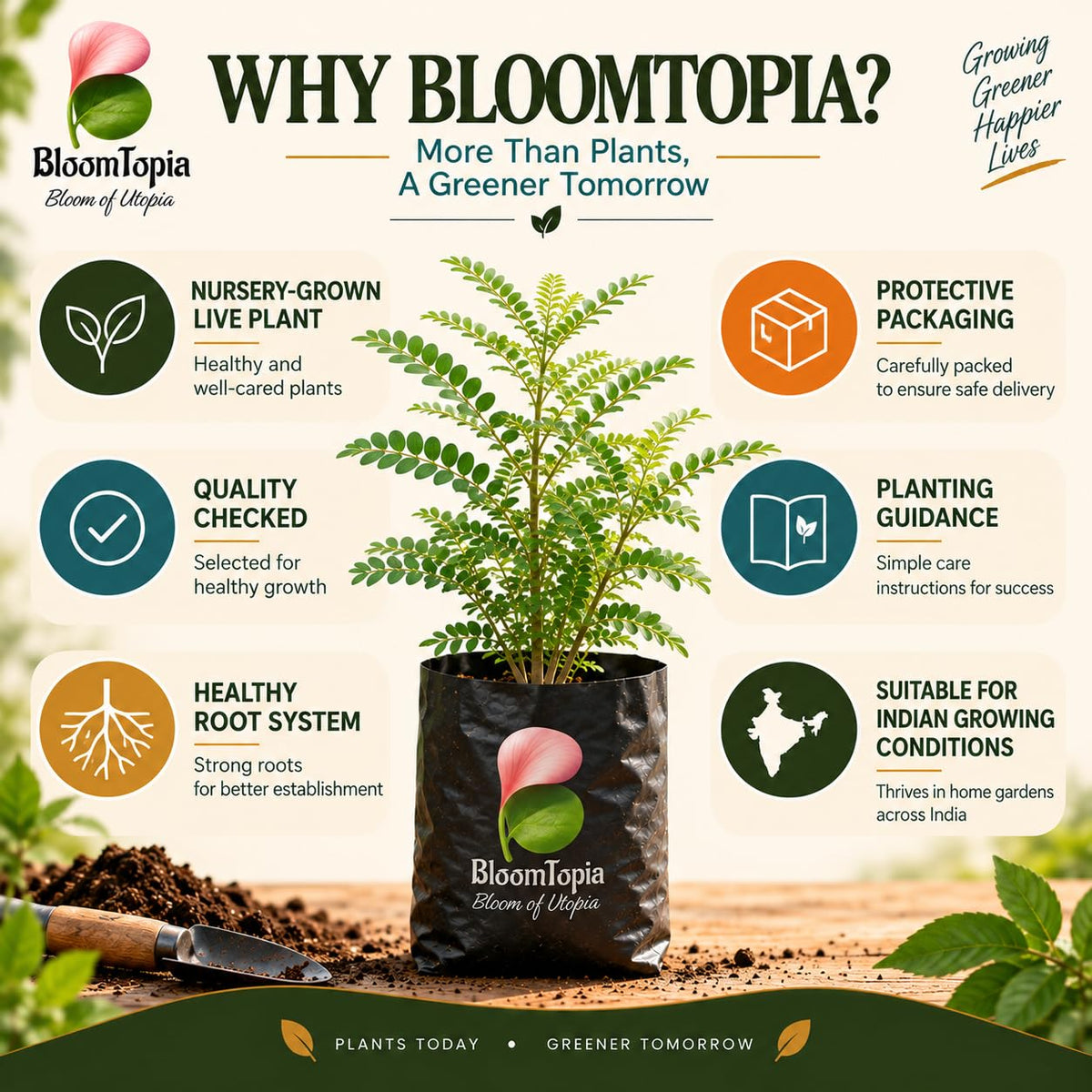 BloomTopia plant-handling and brand-information panel featuring Bhoomi Amla.
