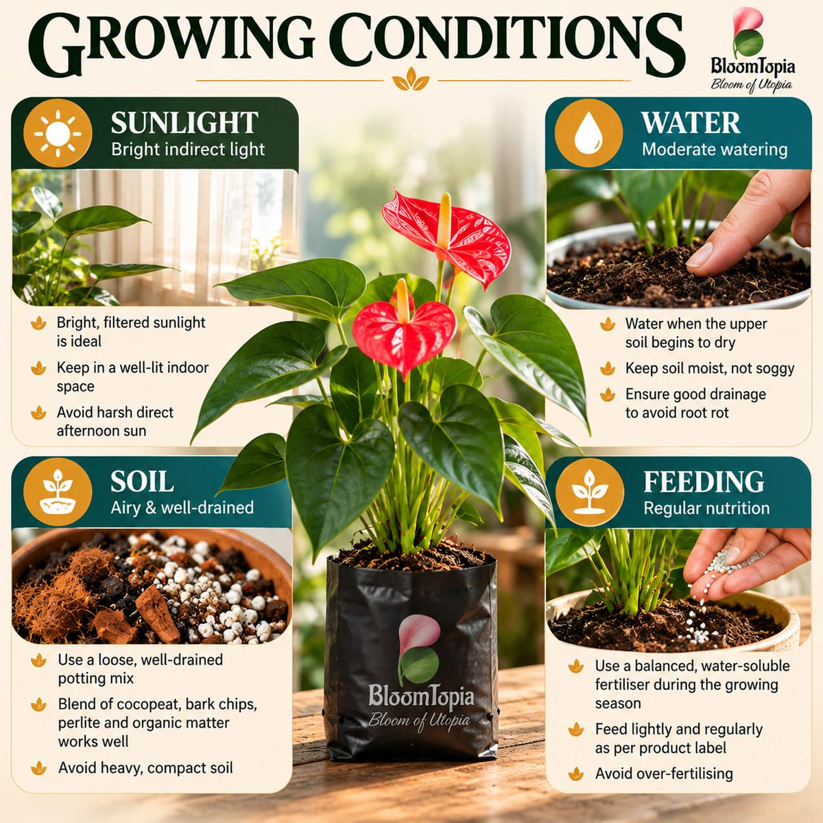 Sunlight, water, soil and feeding guide for Anthurium Red.