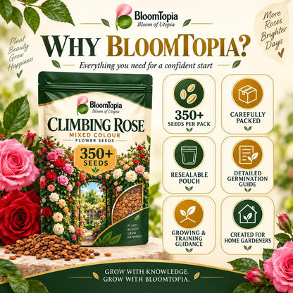 BloomTopia climbing rose seed-pack and brand-information panel.