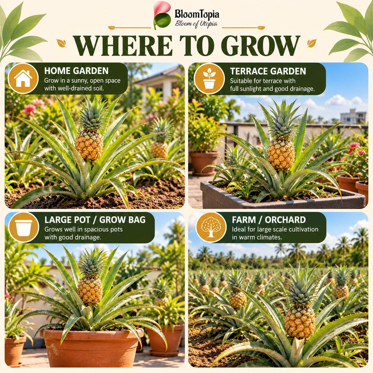 Illustrated growing locations for Pineapple (Ananas).