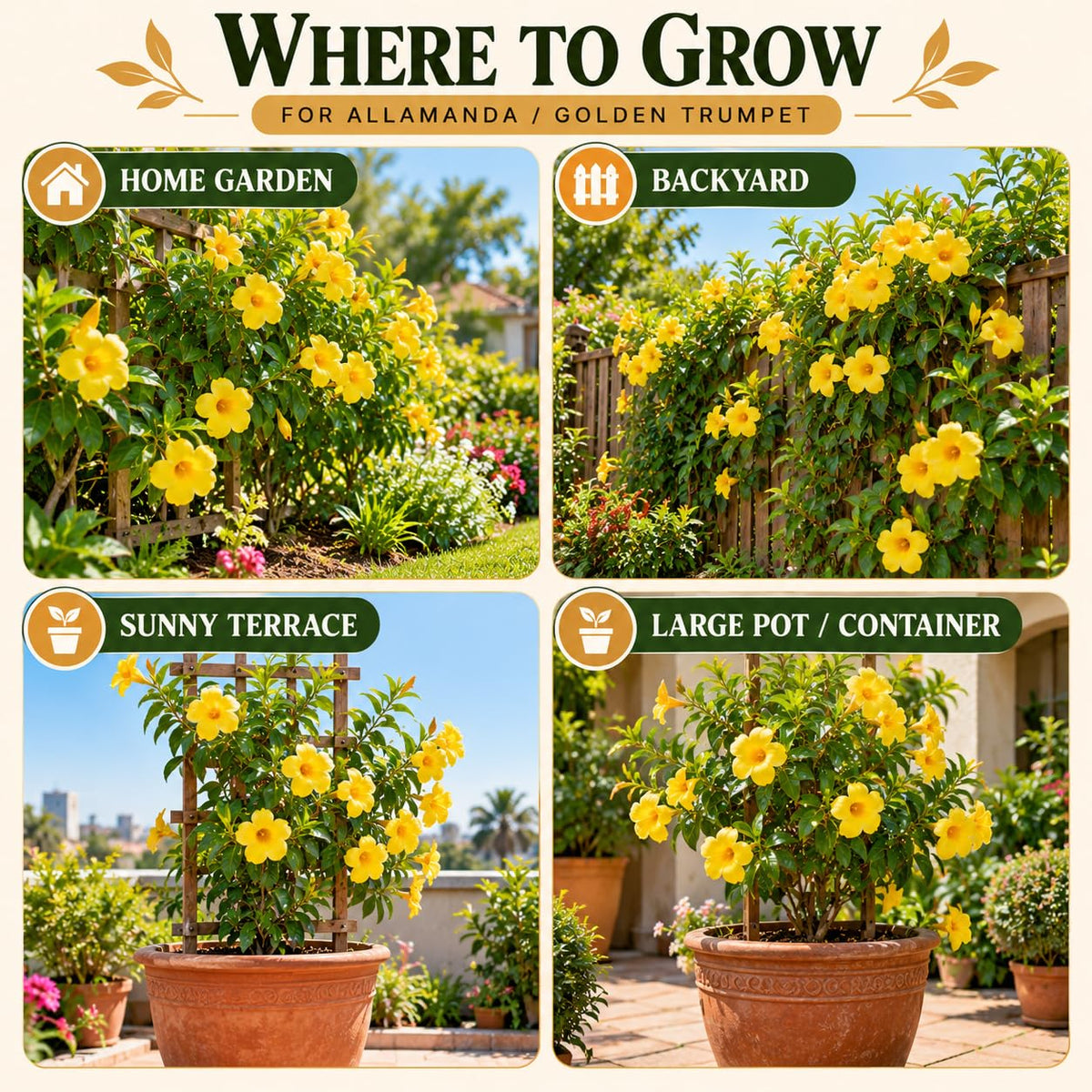 Illustrated growing locations for Allamanda Golden Trumpet.