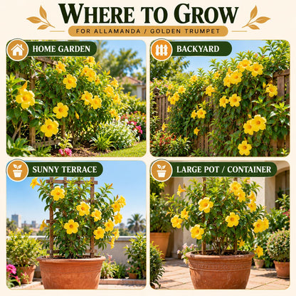 Illustrated growing locations for Allamanda Golden Trumpet.