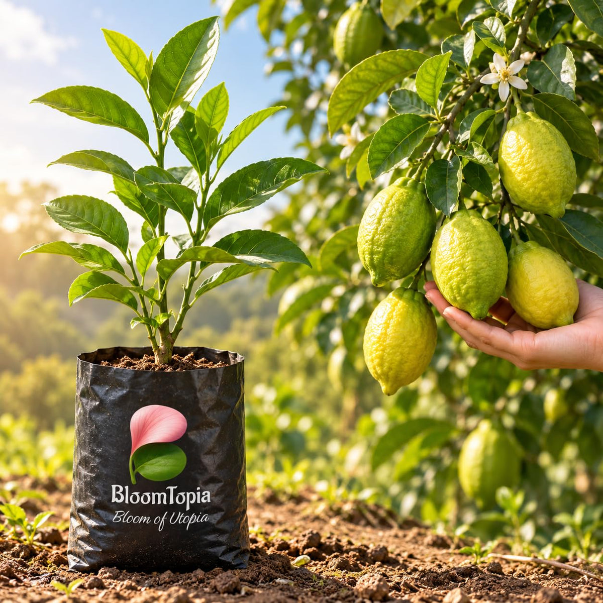 Illustration comparing young Gondhoraj Lemon nursery growth with a mature plant.