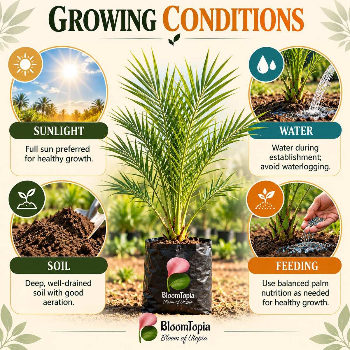 Sunlight, water, soil and feeding guide for Arabian Date Palm.