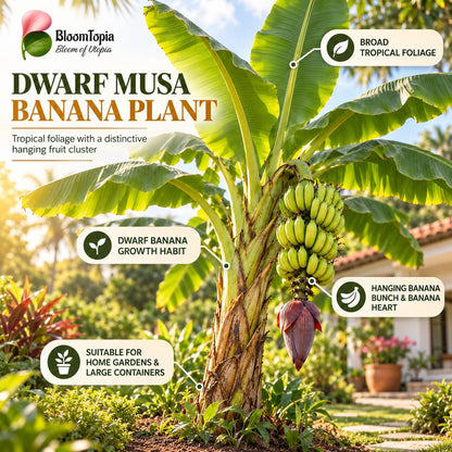 Illustration of mature Dwarf Banana features with variety callouts.