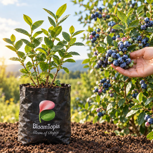 Illustration comparing young Blueberry Bush nursery growth with a mature plant.