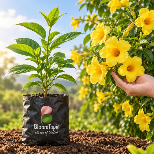 Illustration of a Allamanda Golden Trumpet sapling in a nursery bag beside mature plant growth.