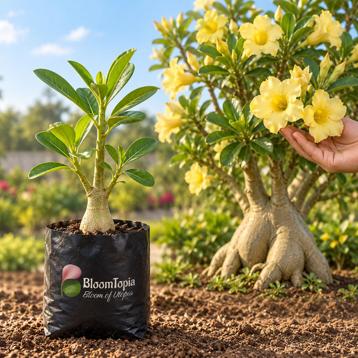 Illustration comparing young Yellow Adenium Desert Rose Bonsai nursery growth with a mature plant.