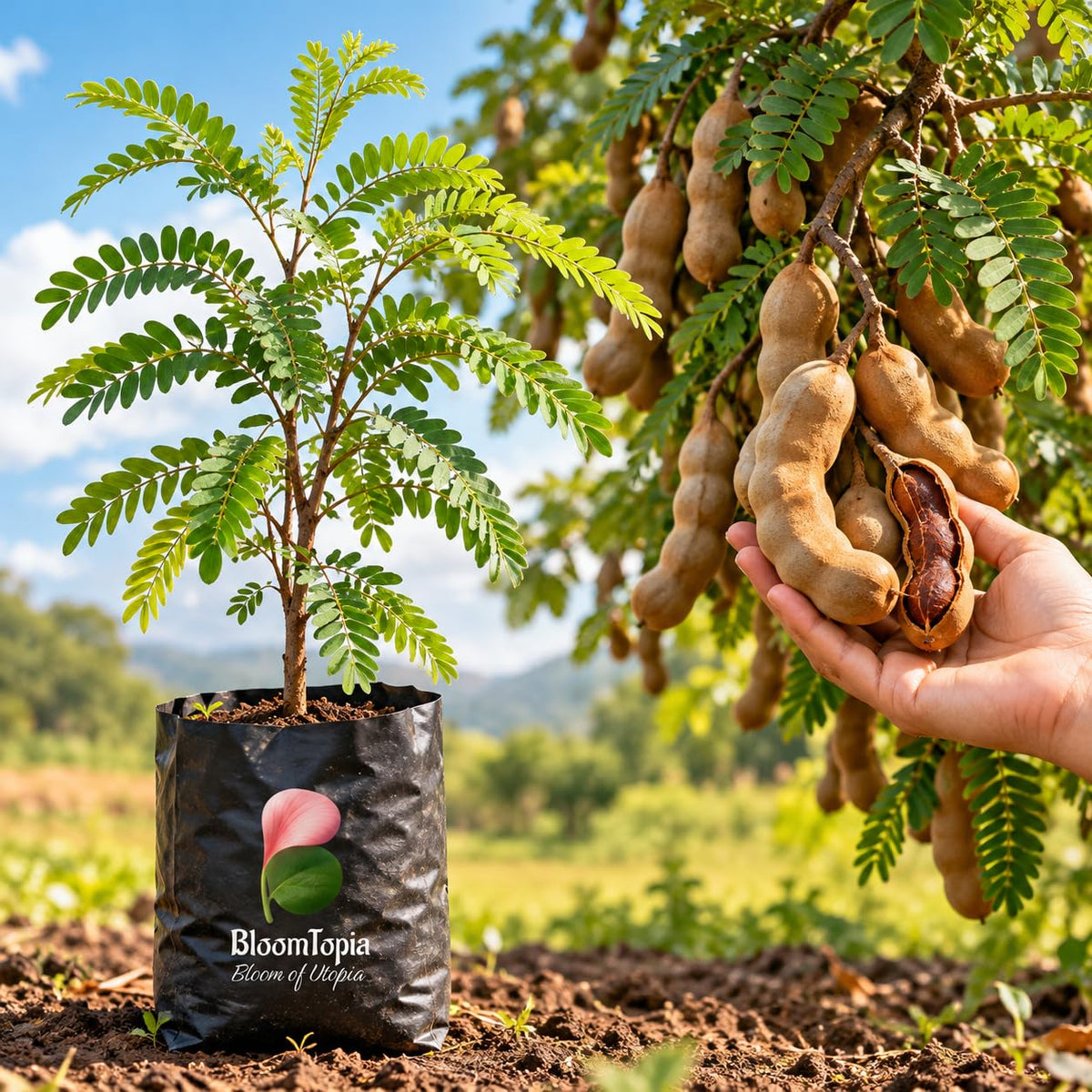 Illustration comparing young Sweet Tamarind (Misthi Tetul) nursery growth with a mature plant.