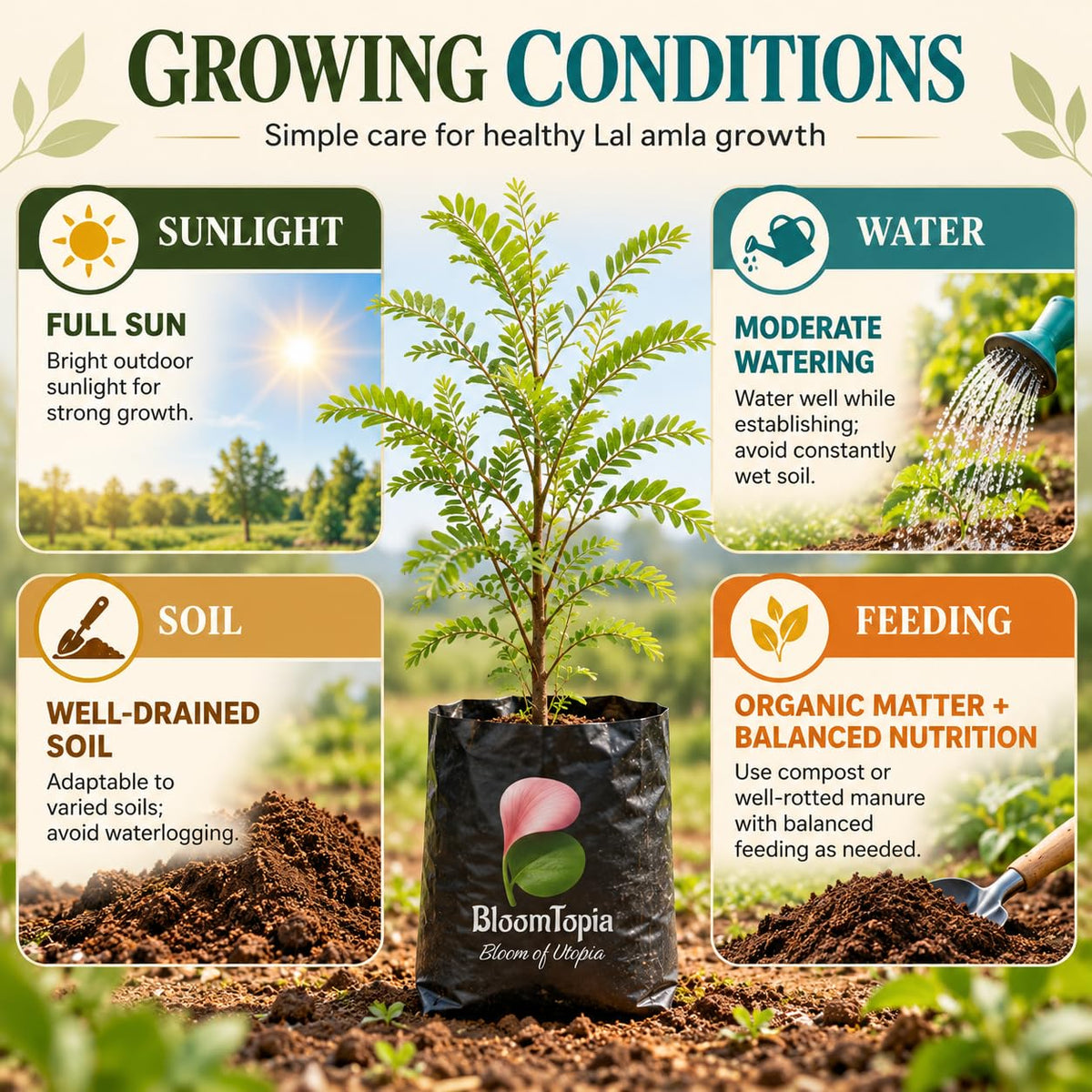 Sunlight, water, soil and feeding guide for Lal Amla.