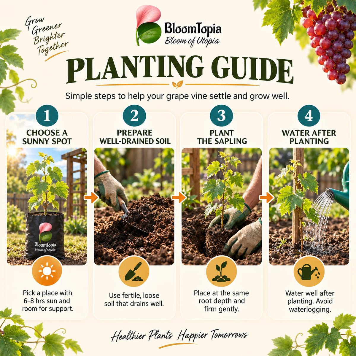Step-by-step planting illustration for Red Grape Vine.