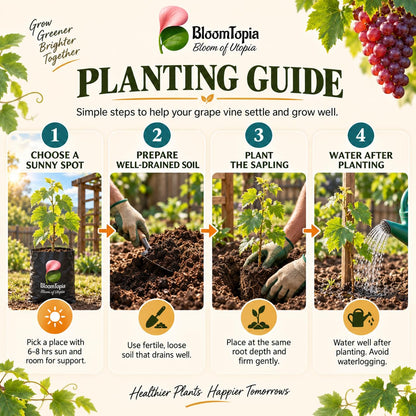 Step-by-step planting illustration for Red Grape Vine.