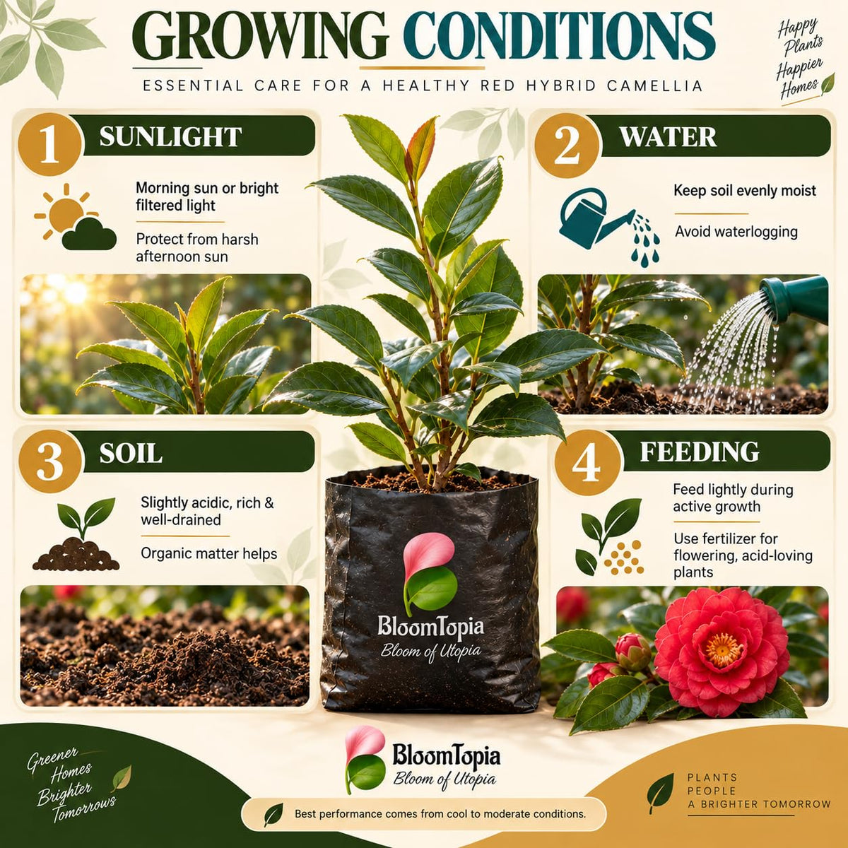 Sunlight, water, soil and feeding guide for Rare Red Hybrid Camellia.