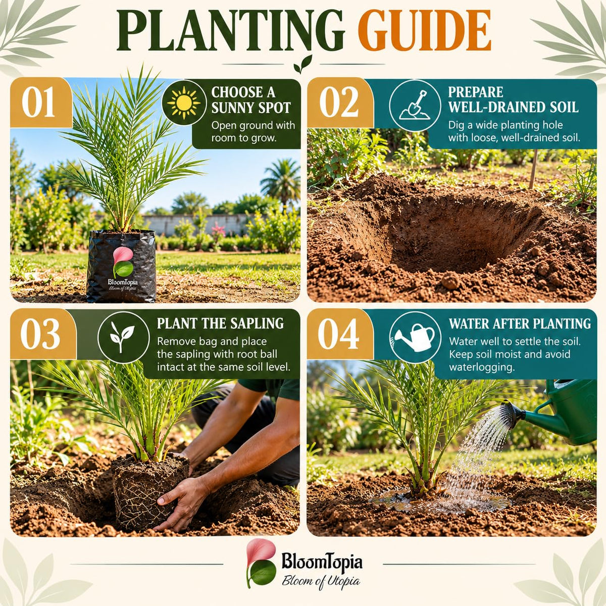 Step-by-step planting illustration for Arabian Date Palm.