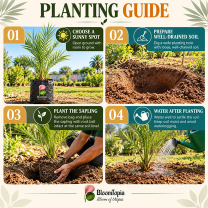 Step-by-step planting illustration for Arabian Date Palm.